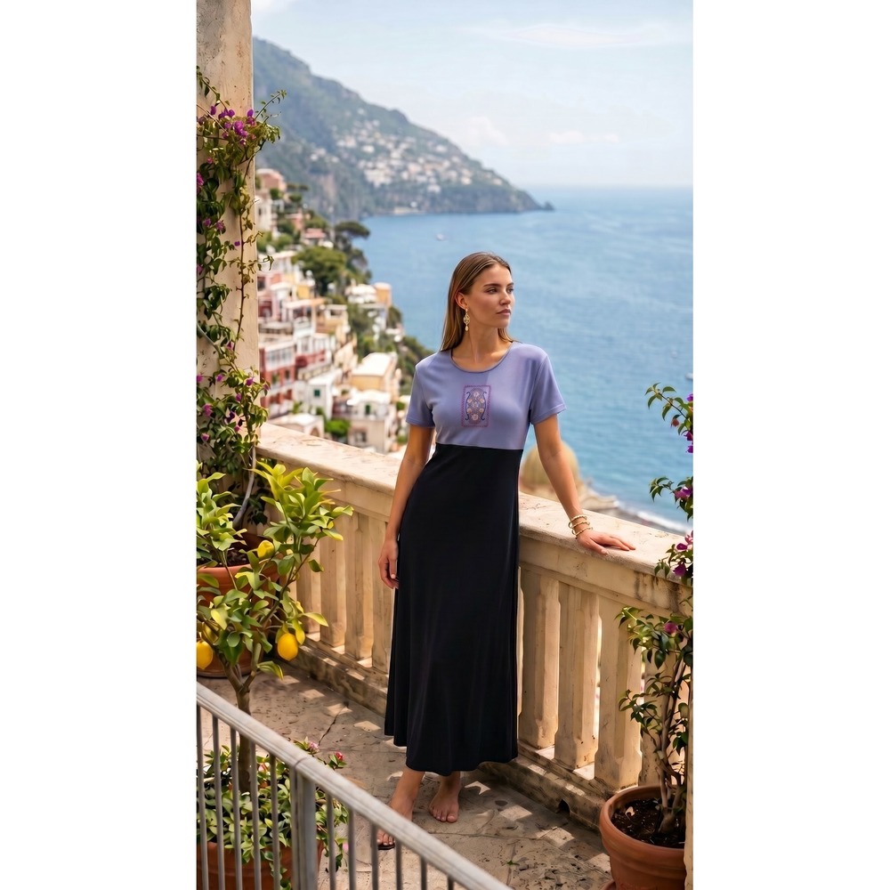 TWO-TONE‎ Short Sleeve Maxi T Shirt Dress Embroidered Accent Teacher Cottage M